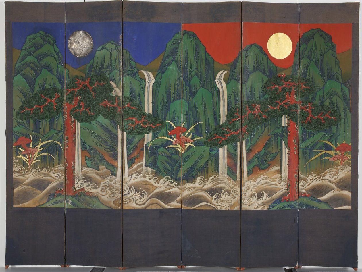 Maisema (tempera ja kultalehti paneelissa) tekijältä Korean School