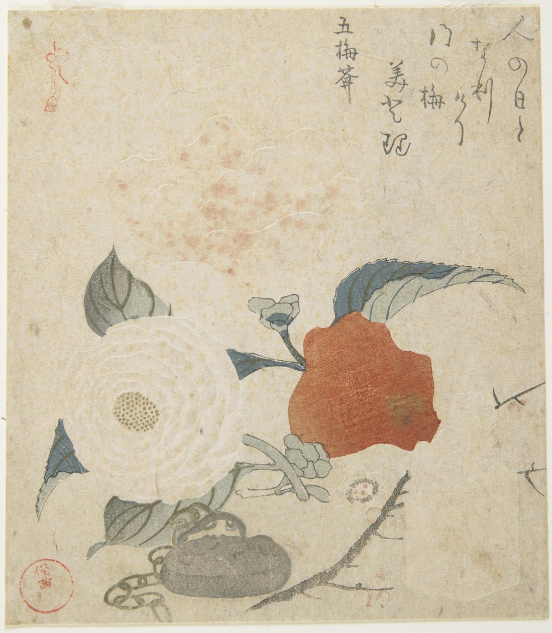 (Luumun oksa, pionikukka ja metallisinetti), 1816 tekijältä Kubo Shunman