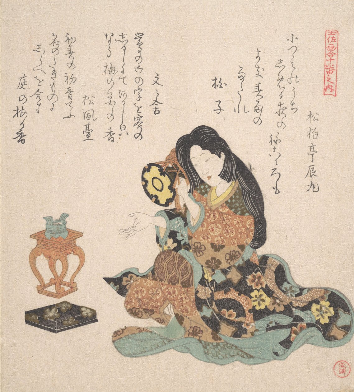Nainen leikkimässä Tsuzumia, n. 1800. tekijältä Kubo Shunman