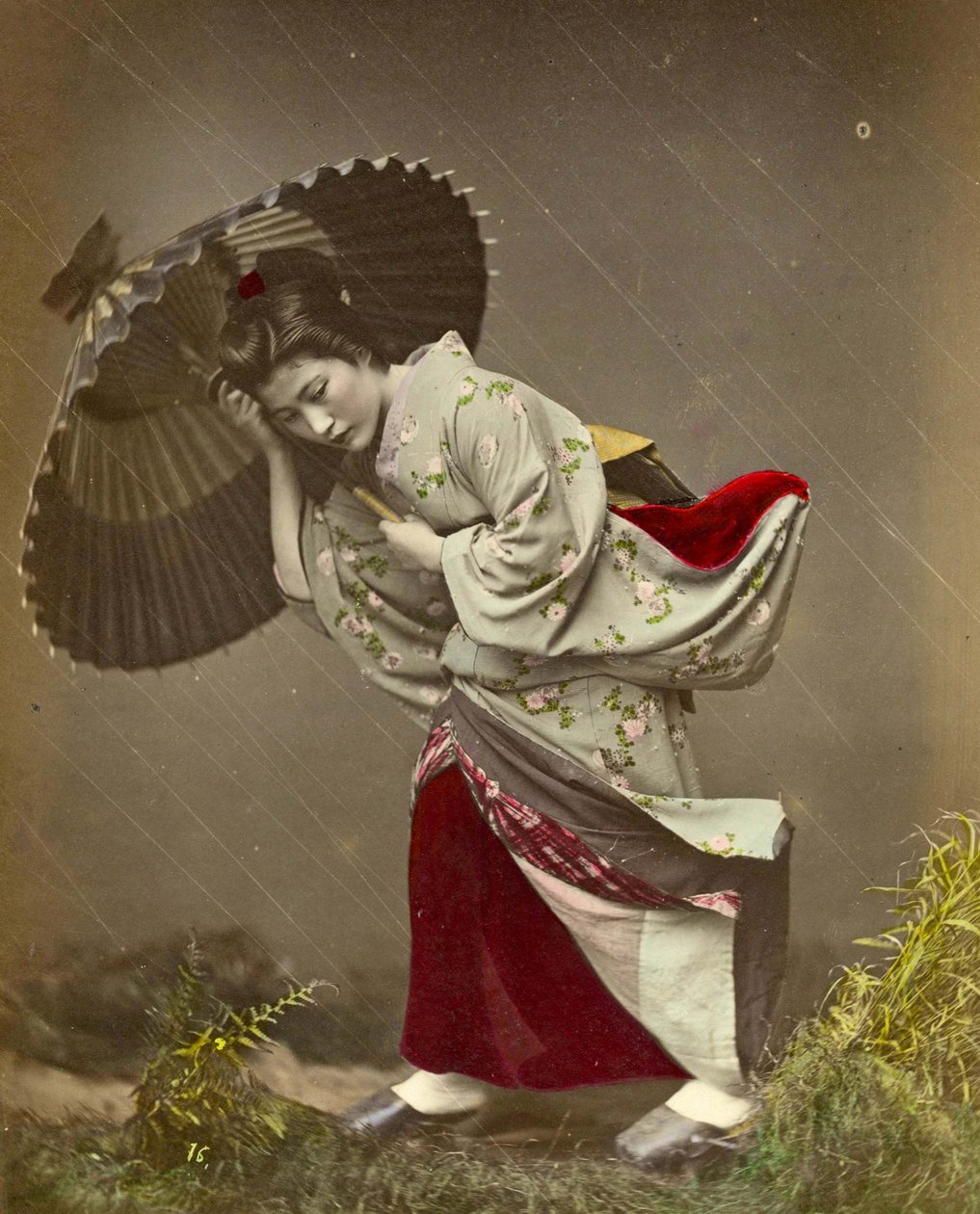 Nainen joutui myrskyyn, noin 1890 tekijältä Kusakabe Kimbei