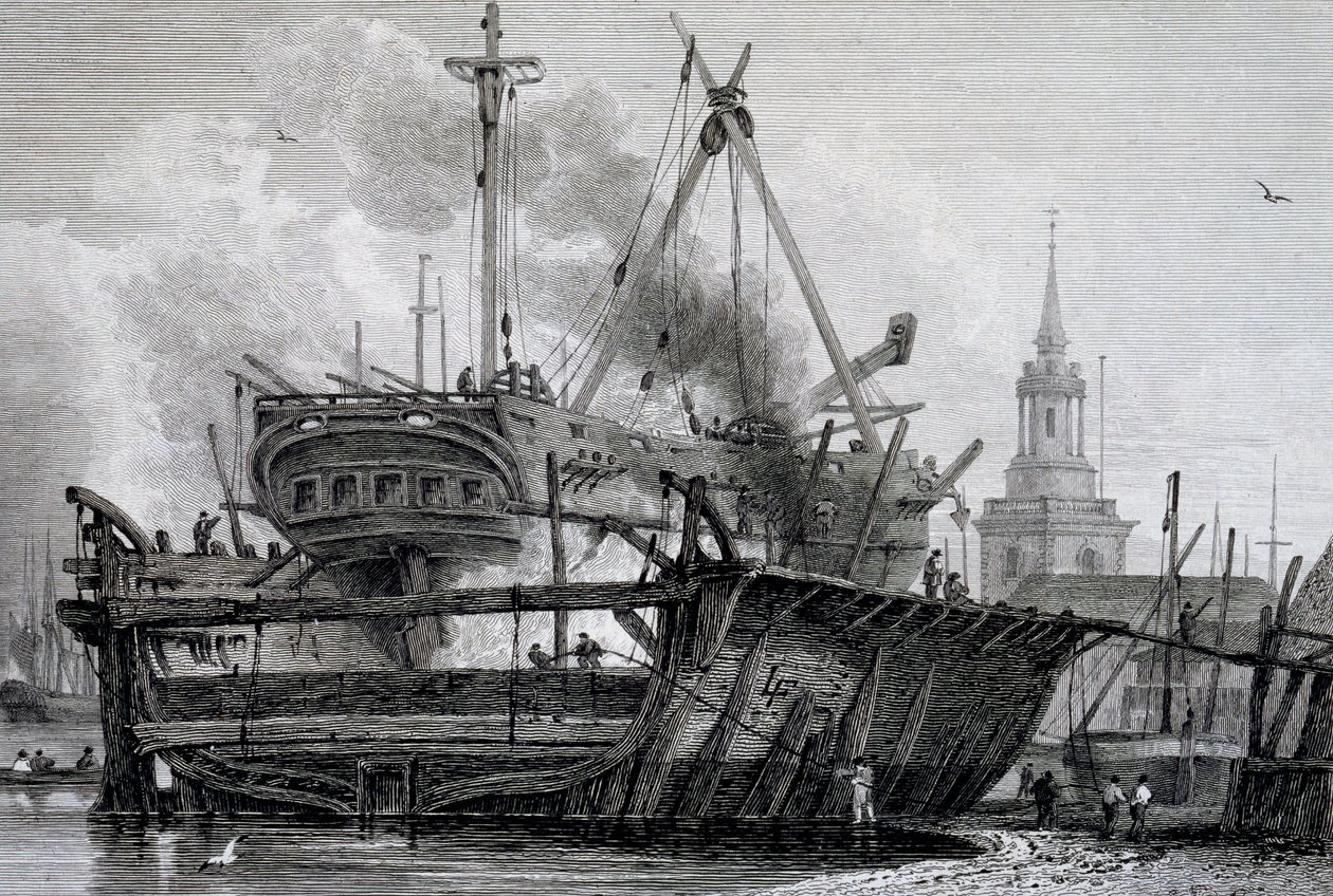 Rotherhithe, kelluva telakka vuonna 1815, kaiverrettu J. C. Allen, WB & George Cooken julkaisemasta Views on the Thamesista, 1822 tekijältä L. Francia