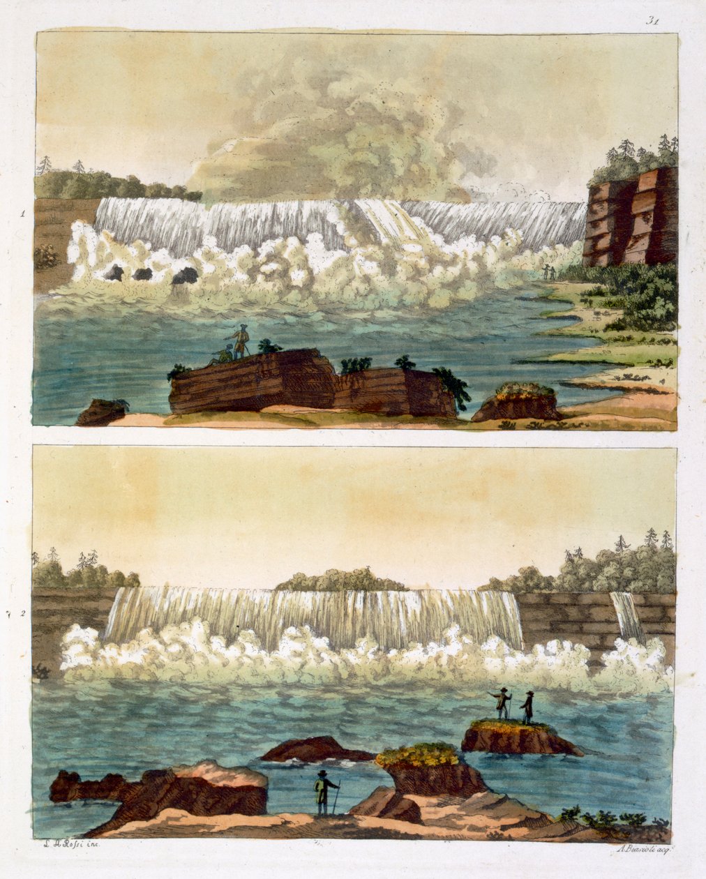 Niagaran putoukset, 1818 (värikaiverrus) tekijältä L.A. Rossi