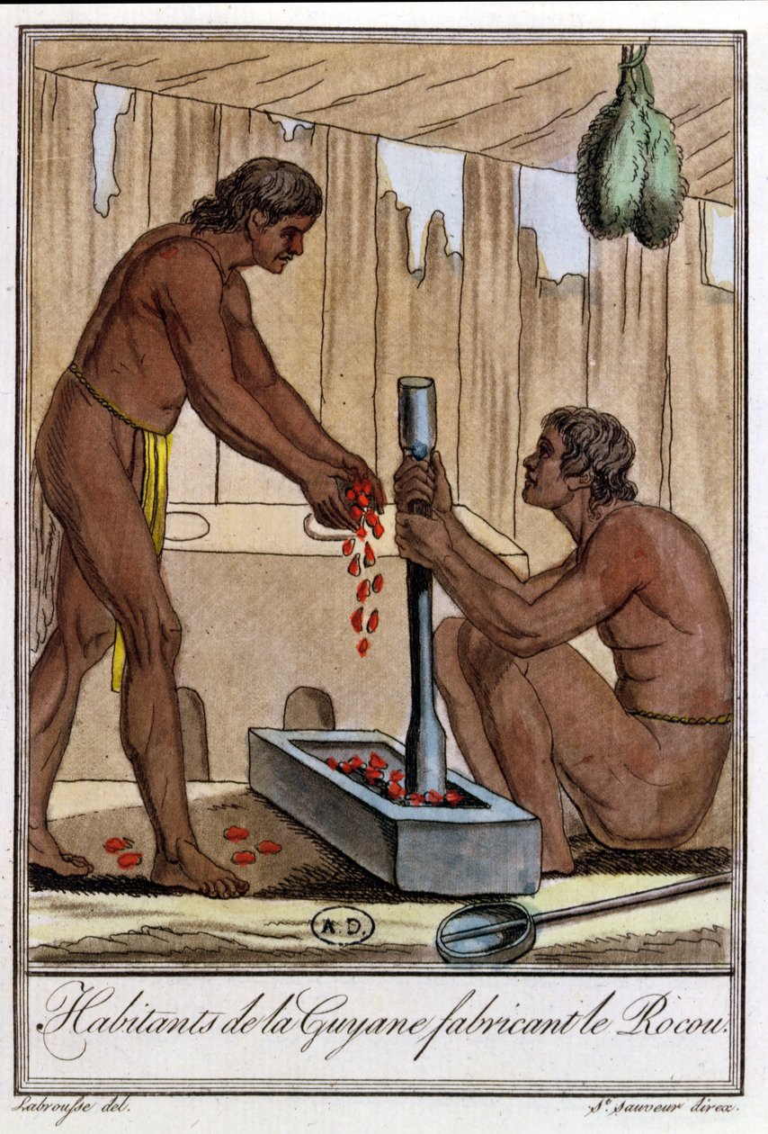 Ranskan Guyanan asukkaat valmistelevat Annattoa Jules Grasset de Saint-Sauveurin (1757-1810) Encyclopedie des Voyagesista 1796 tekijältä L.F. Labrousse