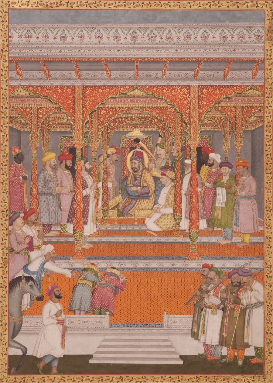 Mirza Md Muazzam Shah Khurram Bakht Bahadur vastaanottaa Saadat Ali, Nawab of Aw, 1803 (läpinäkymätön wc paperilla) tekijältä Lalji Mal