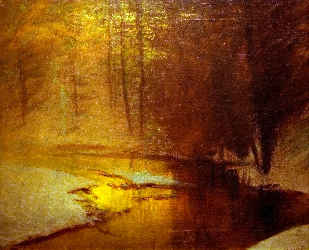 Aranylo fenyek a teli erdobennEnglanti: Golden_Lights_in_the_Winter_Forestn tekijältä Laszlo Mednyanszky