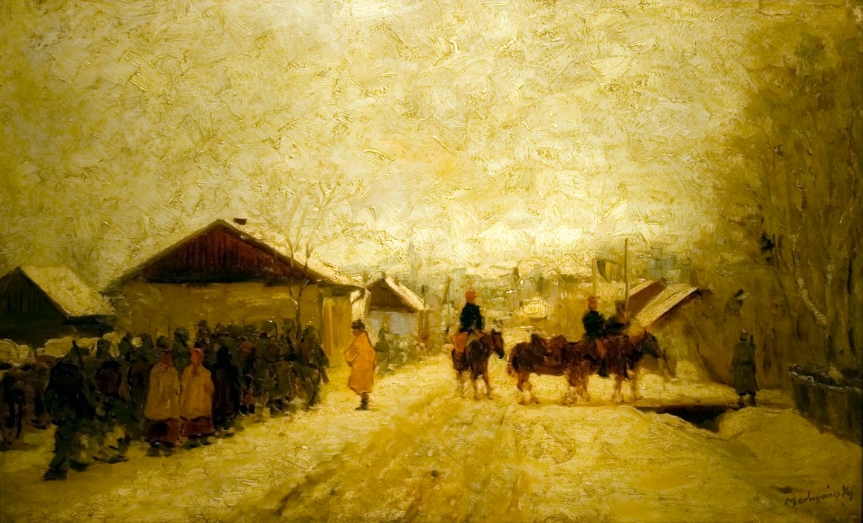 Teli tajban vonulo katonakn, englanti: Marching_Soldiers_in_Winter_Landscapen tekijältä Laszlo Mednyanszky