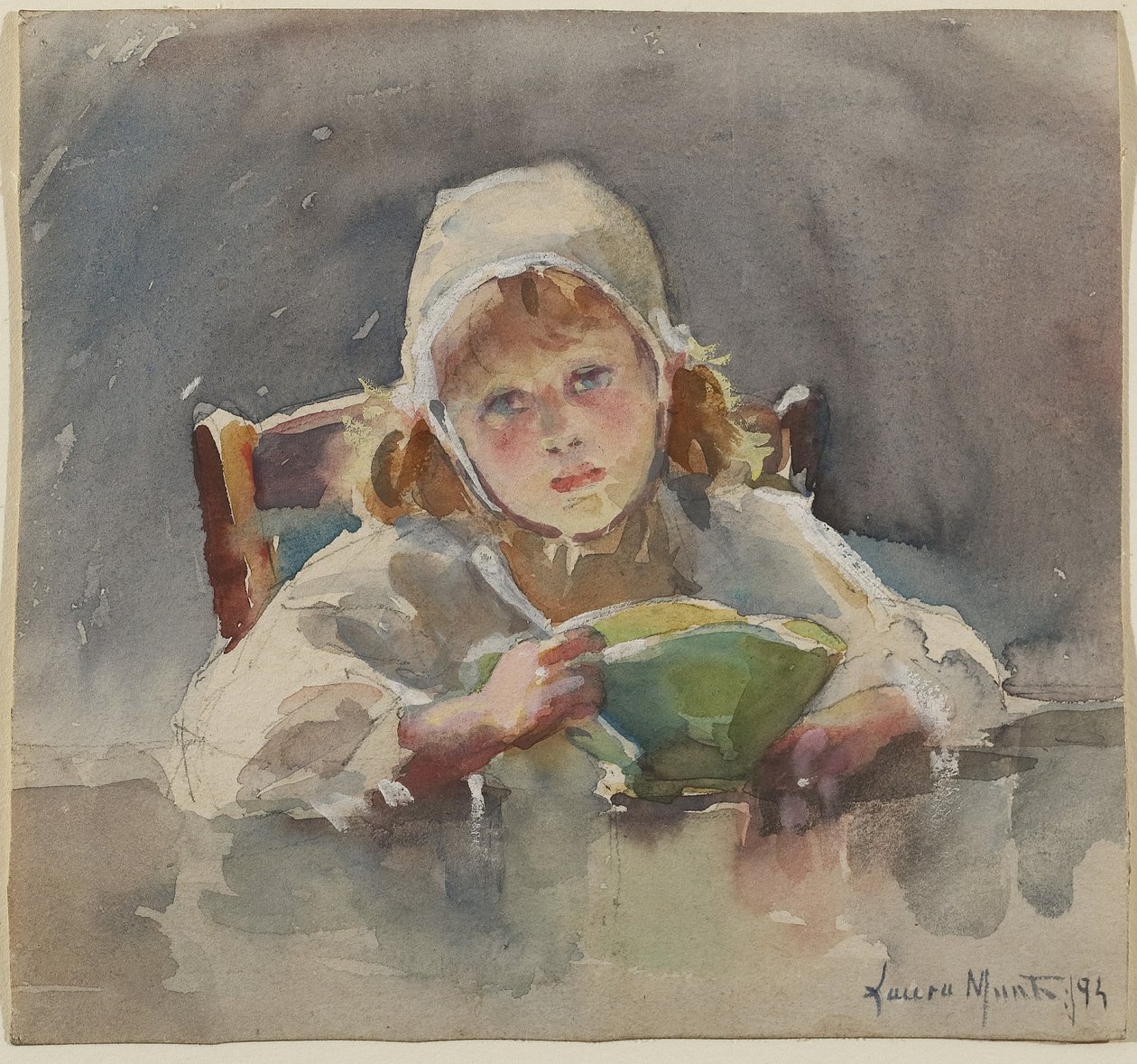 Lapsi vihreällä kulholla, 1895 (grafiitti, wc ja guassi paperilla) tekijältä Laura Muntz Lyall