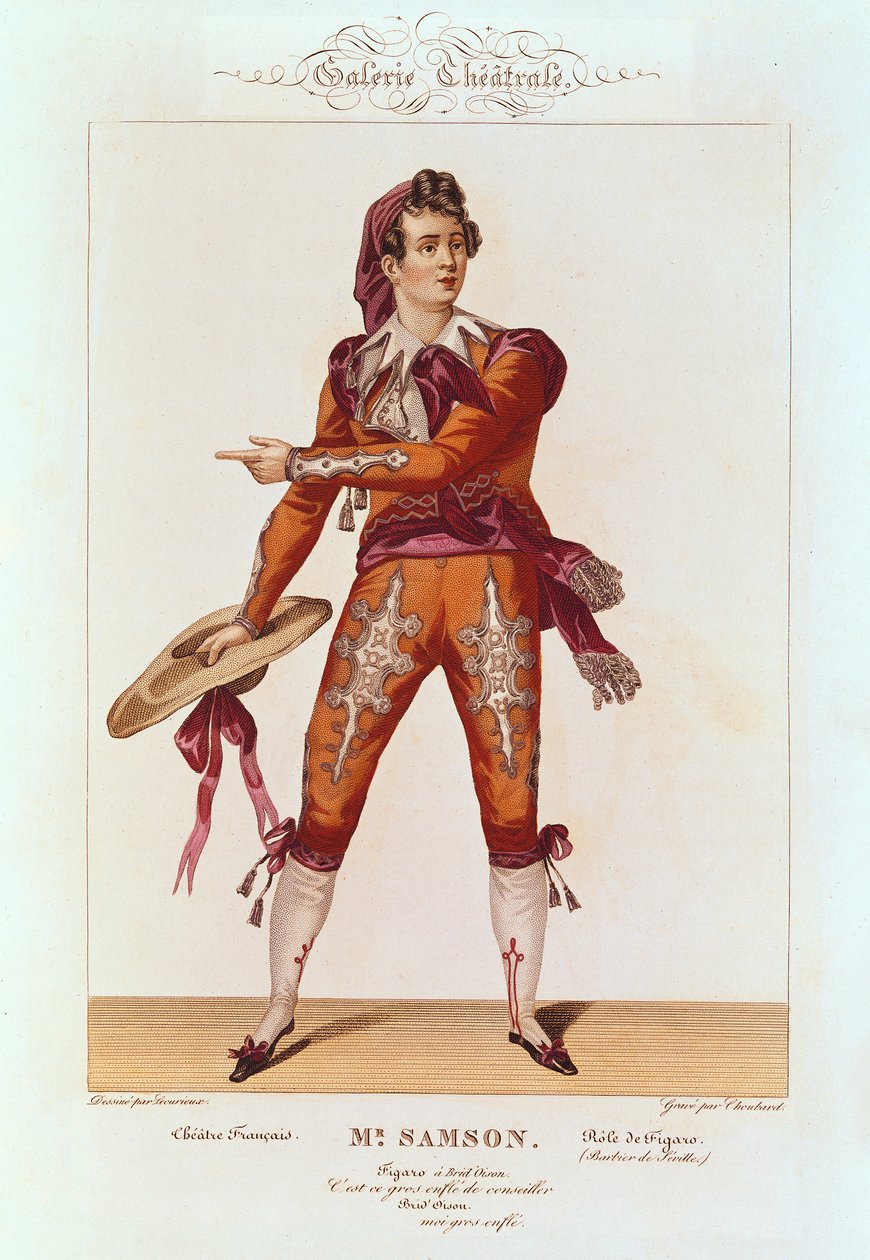 Joseph Isidore Samson (1793-1871) Figaron roolissa elokuvassa "Sevillan parturi", kaivertanut Choubard (fl.1810-30) tekijältä Lecurieux