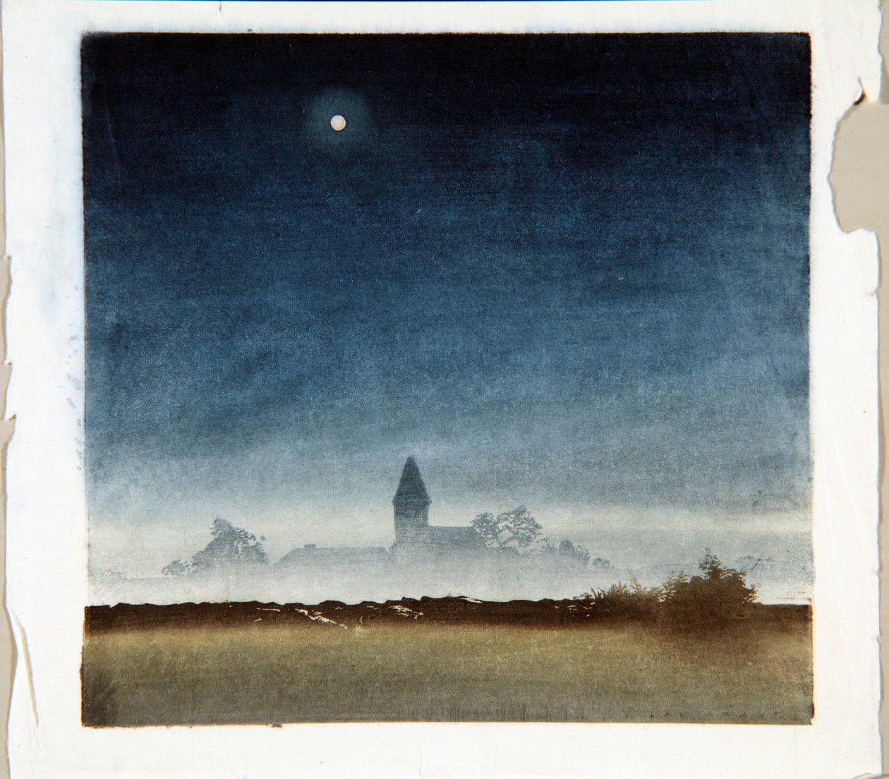 Kuutamoinen maisema, n. 1920 (puupalikka) tekijältä Leo Frank
