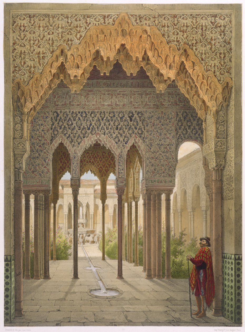 Leijonien tuomioistuin, Alhambra, Granada, 1853 (värillinen lito) tekijältä Leon Auguste Asselineau