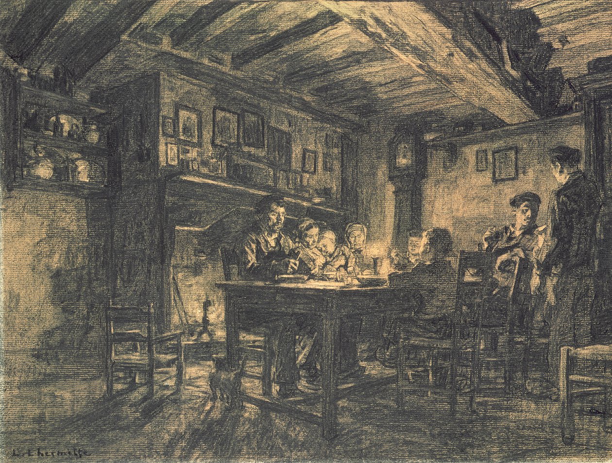 Perheillallinen illalla, 1883 (hiili paperilla) tekijältä Leon Augustin Lhermitte
