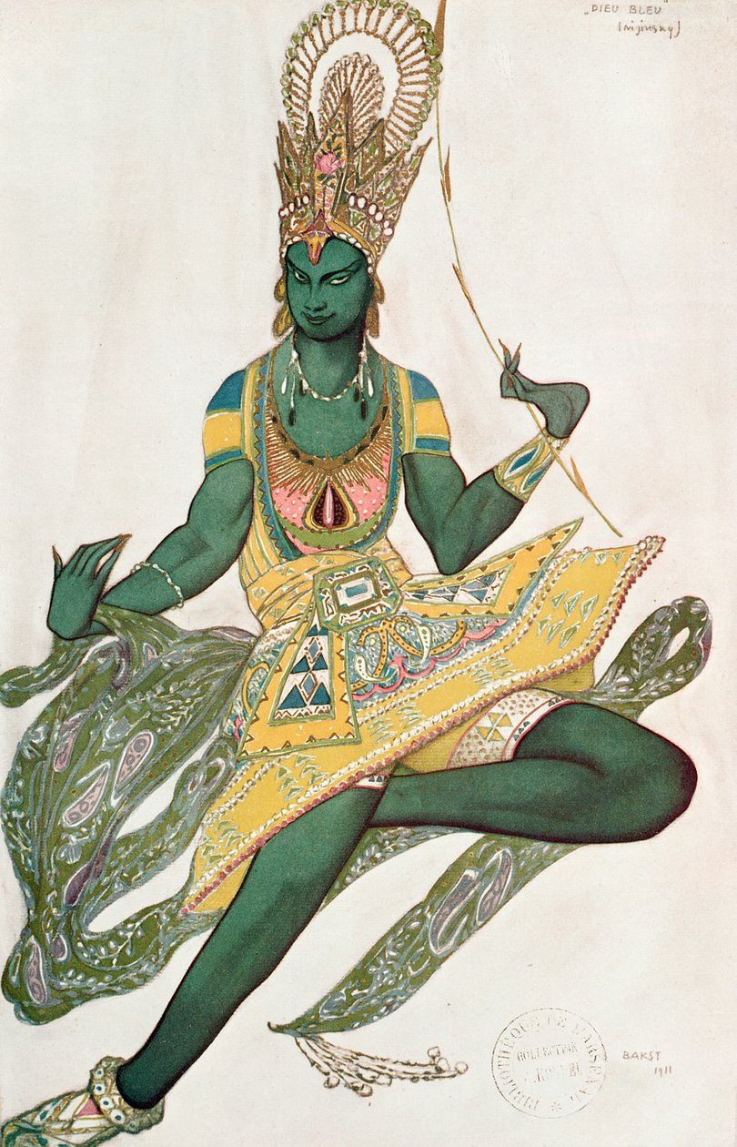 Nijinskyn (1889-1950) pukusuunnitelma "Sinisen jumalan" roolia varten, 1911. tekijältä Leon Bakst