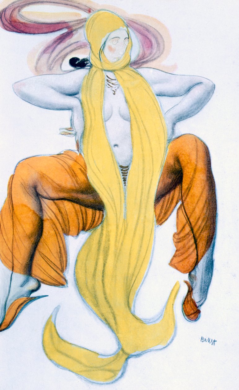 Pukusuunnittelu Bacchic-tanssijalle, teoksesta The Legend of Joseph, n. 1914 tekijältä Leon Bakst