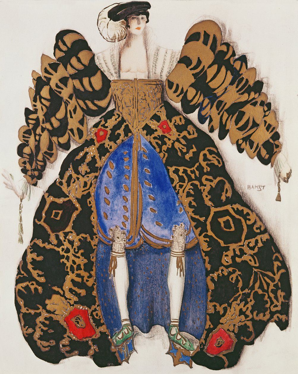 Pukusuunnittelu balettiin "La Legende de Joseph", 1914 (hiili ja guassi paperilla) tekijältä Leon Bakst
