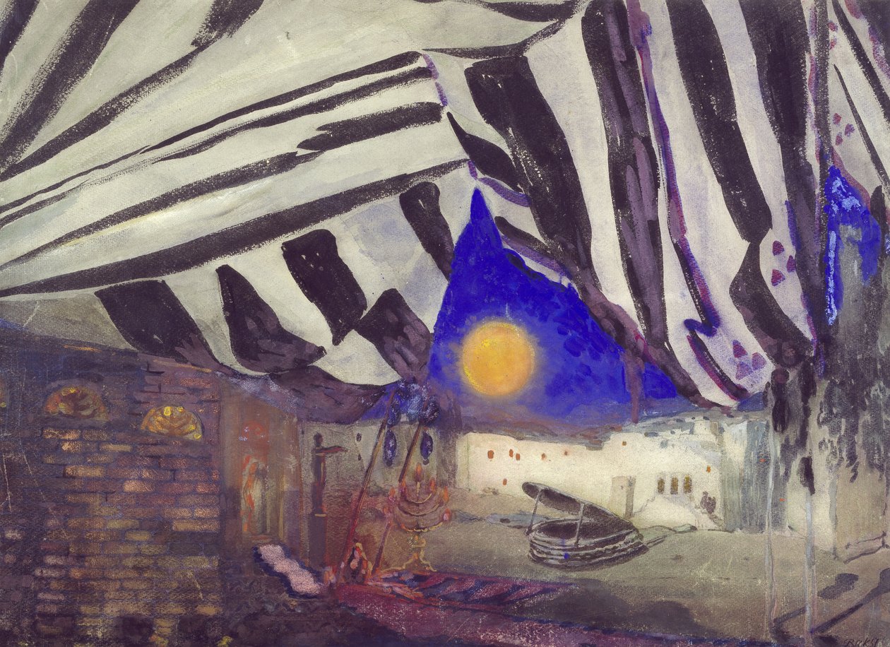 Sisustus elokuvaan "La Tragédie de Salomé", n. 1912 (akvarelli ja vartaloväri, jossa värillisiä liituja grafiitin päällä kermanvärisellä paperilla) tekijältä Leon Bakst