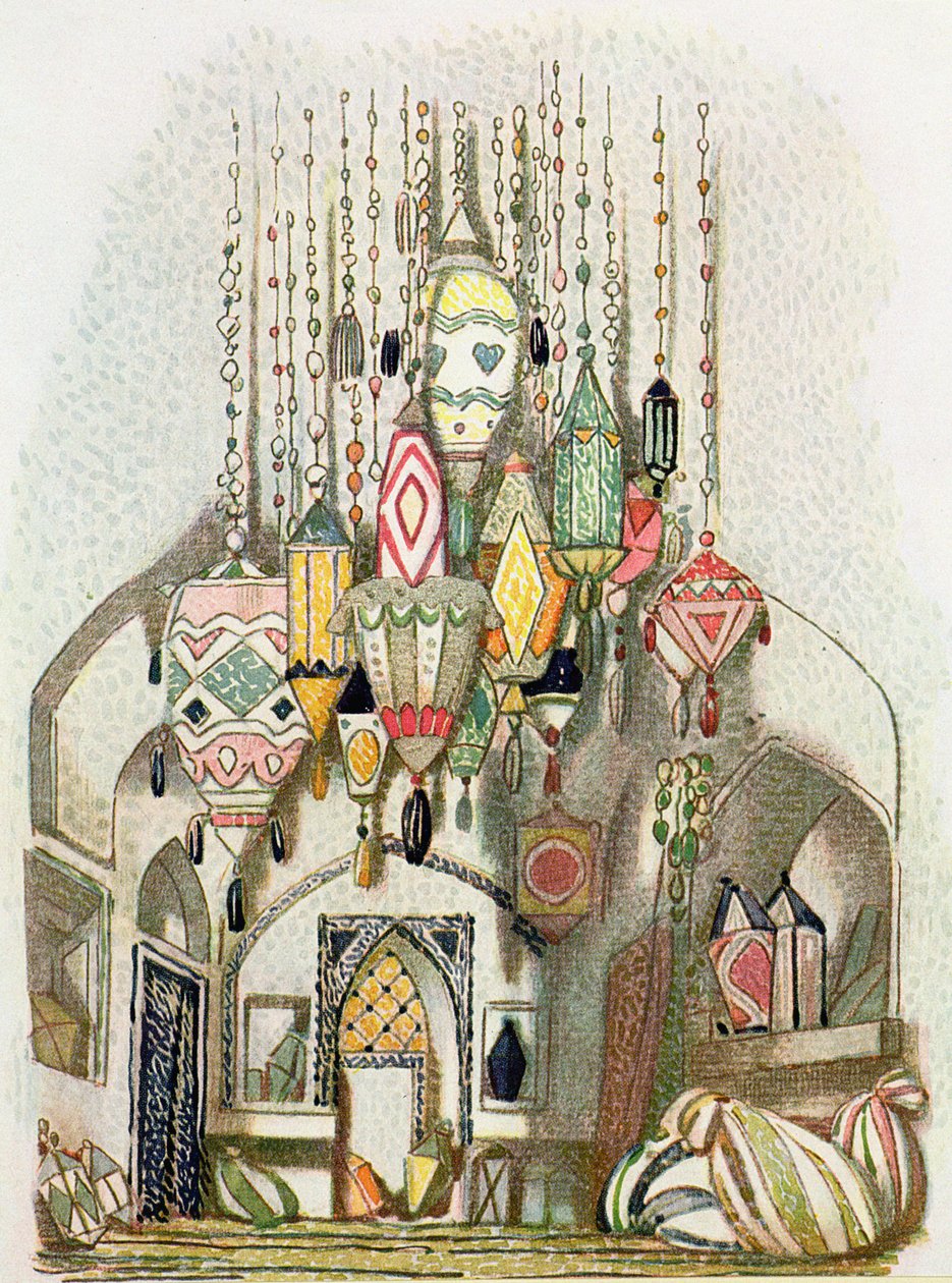 Maisemasuunnittelu Aladdinilta, n. 1916 tekijältä Leon Bakst