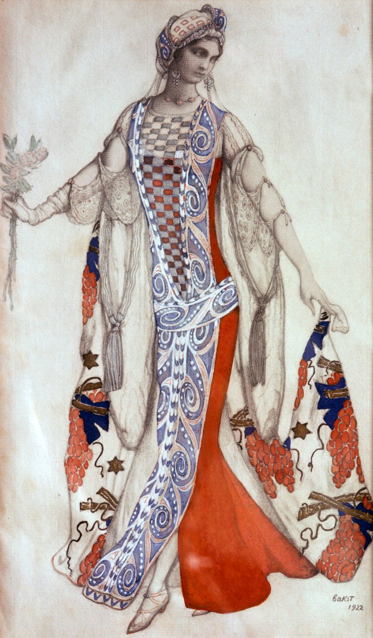 Prinsessa Ruusunen, balettipukusuunnittelu, c1913 tekijältä Leon Bakst