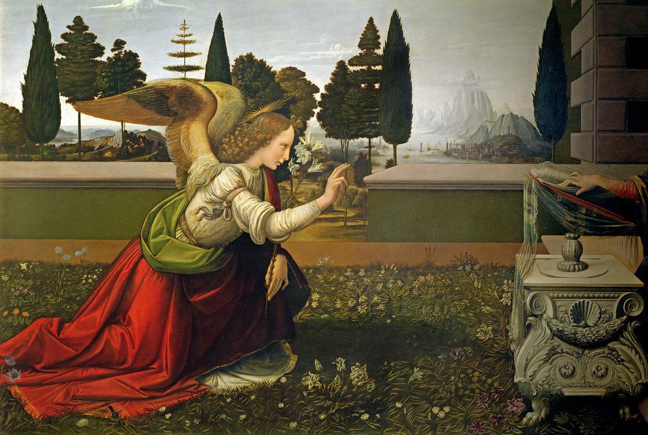 Enkeli Gabriel, julistuksesta, 1472-75 (yksityiskohta) (palautuksen jälkeen) tekijältä Leonardo da Vinci