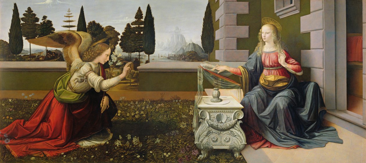 Annunciation, 1472-75 (restauroinnin jälkeen) tekijältä Leonardo da Vinci