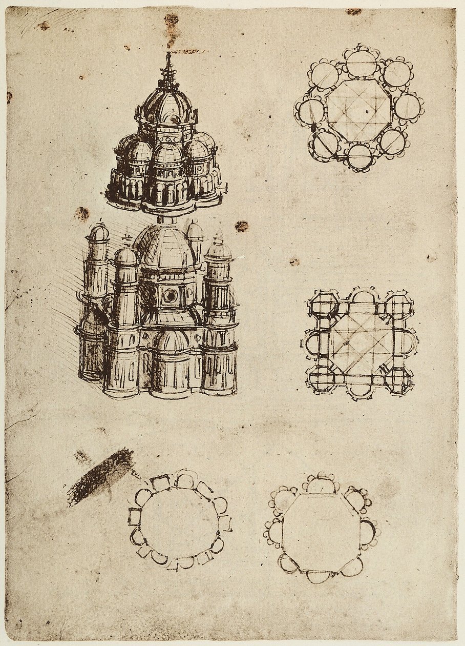 Keskeisesti suunnitellut rakennukset, Leonardo da Vincin piirustus, osa Codex B:tä (2173), n. 25v, sijaitsevat Institut de Francessa, Pariisissa tekijältä Leonardo da Vinci