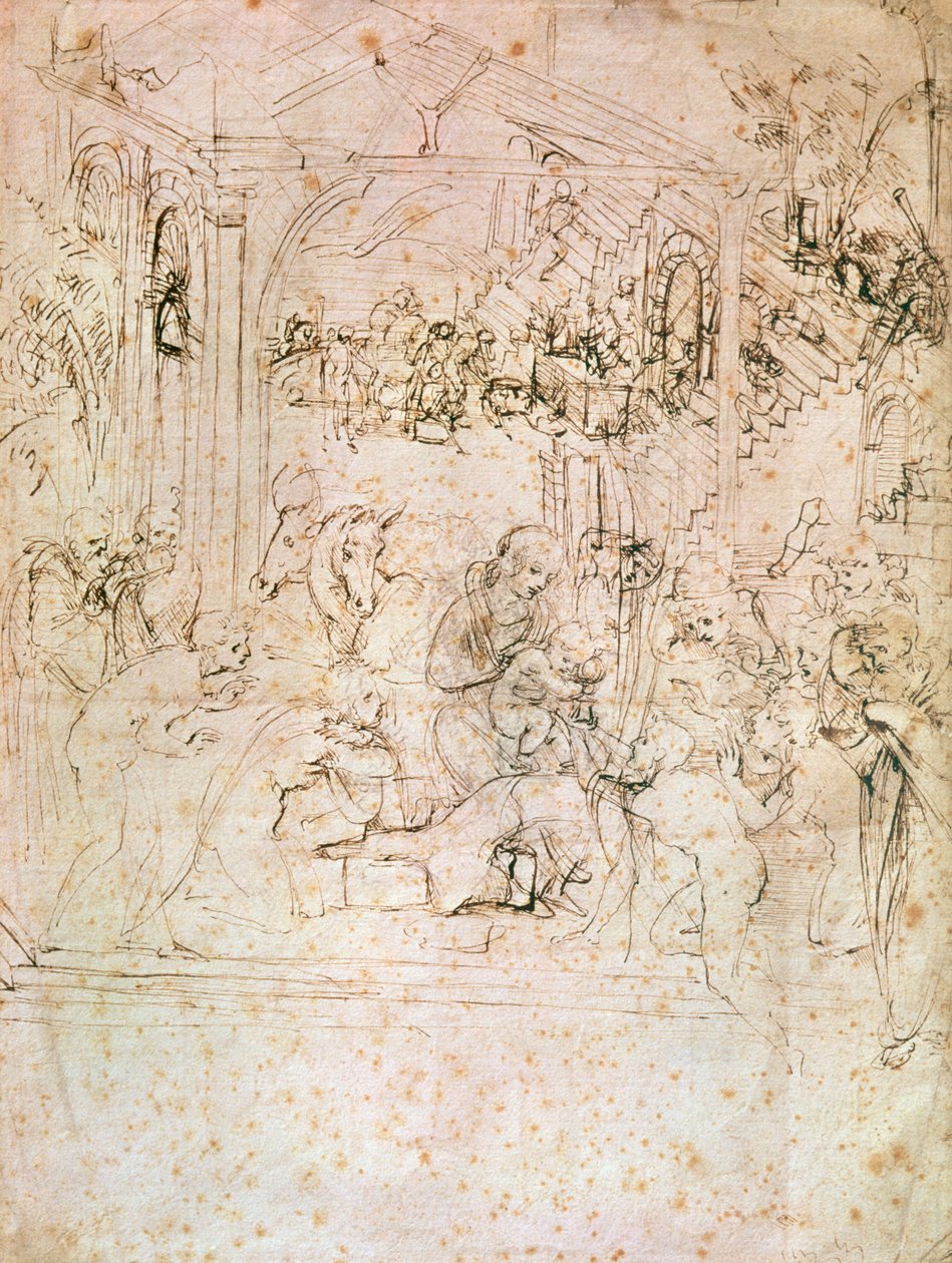 Sävellysluonnos teokseen The Adoration of the Magi, 1481 (kynä ja muste paperille) tekijältä Leonardo da Vinci