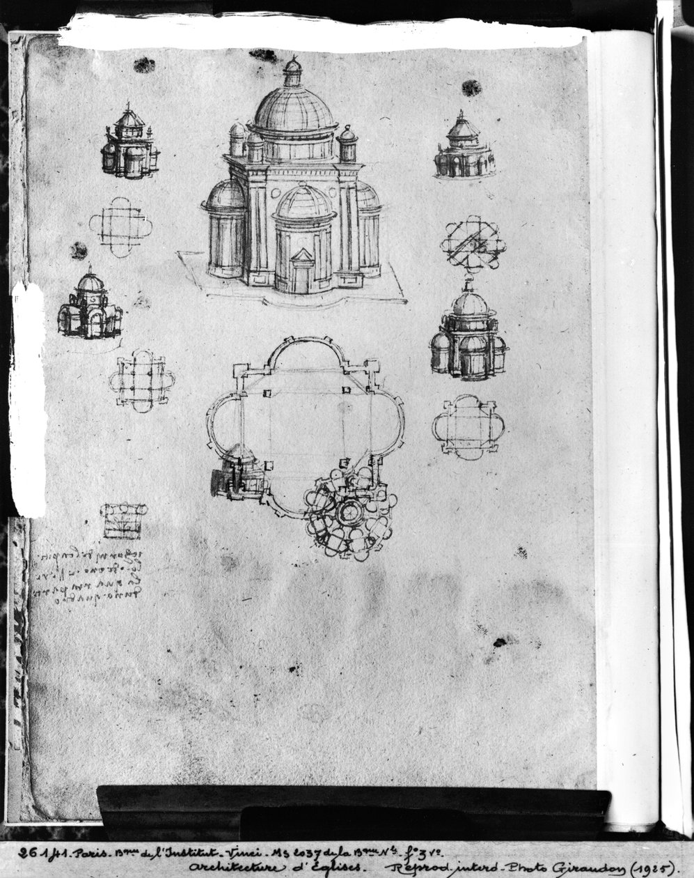 Suunnitelmat keskitetysti suunniteltuun kirkkoon, fol. 3v Codex Ashburnham I:stä ja II:sta (aiemmin osa käsikirjoitusta B (2184)), n. 1492 tekijältä Leonardo da Vinci