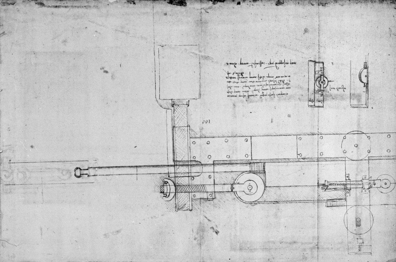 Kaavio mekaanisesta pultista (kynä ja muste paperille) tekijältä Leonardo da Vinci