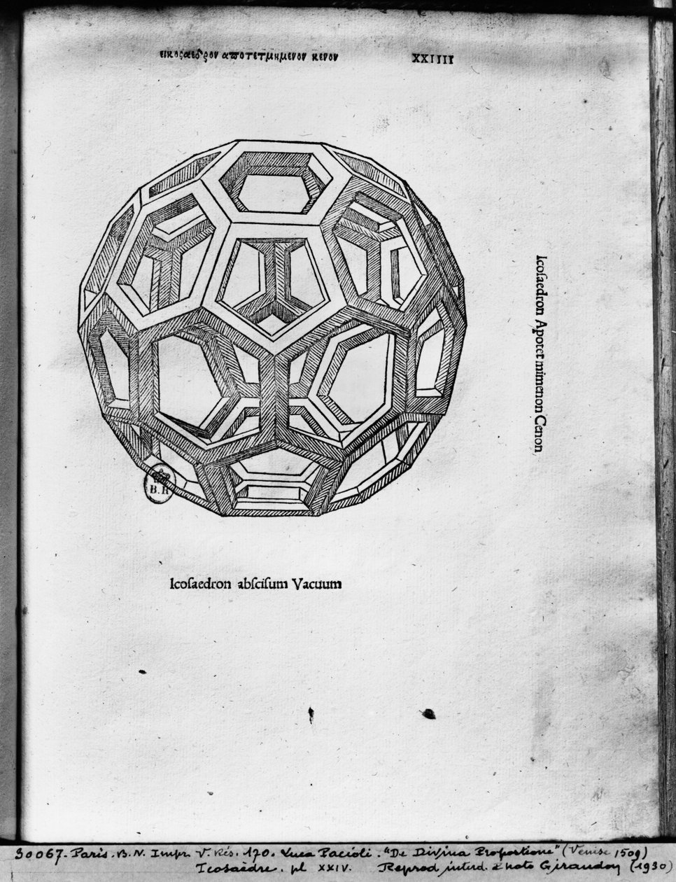 Icosahedron, Luca Paciolin "De Divina Proportione", julkaistu 1509, Venetsia tekijältä Leonardo da Vinci