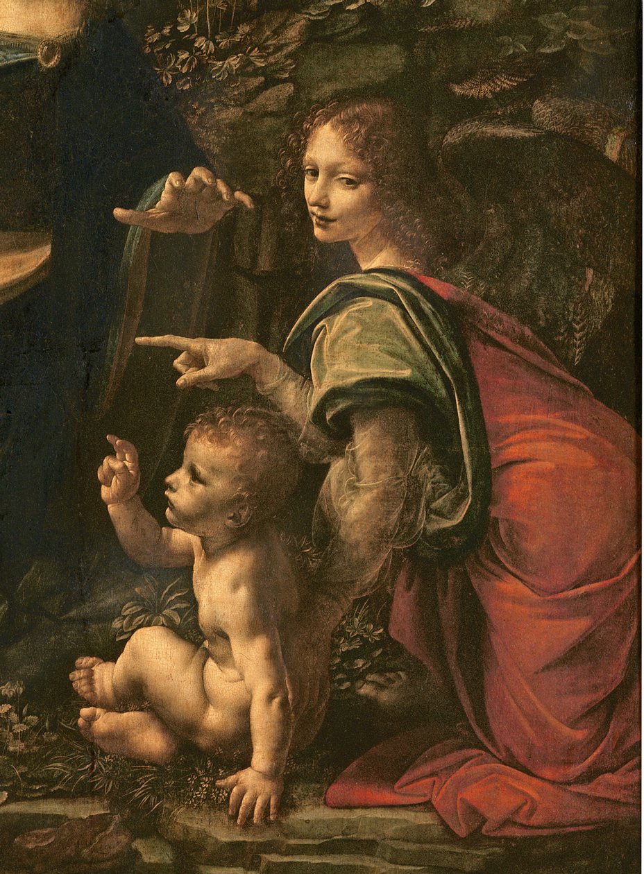 Madonna of the Rocks yksityiskohta Pyhän Johanneksen ja enkelin kuvasta, 1483-6 öljy kankaalle. tekijältä Leonardo da Vinci
