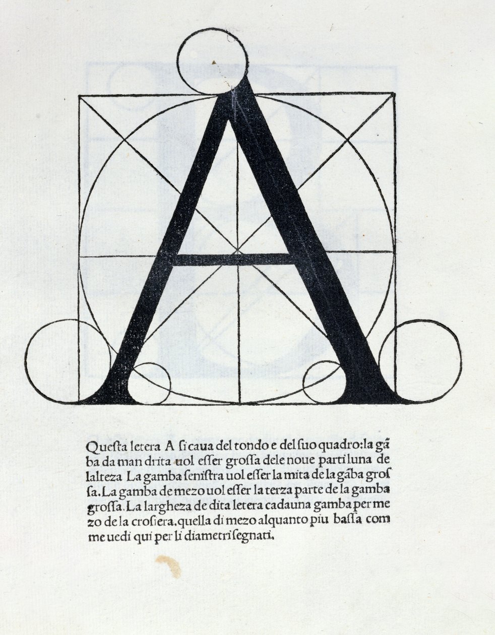Res 4720 A-kirjain, kuvitus Luca Paciolin (1445-1517) De Divina Proportionelle, 1509 (litografia) tekijältä Leonardo da Vinci