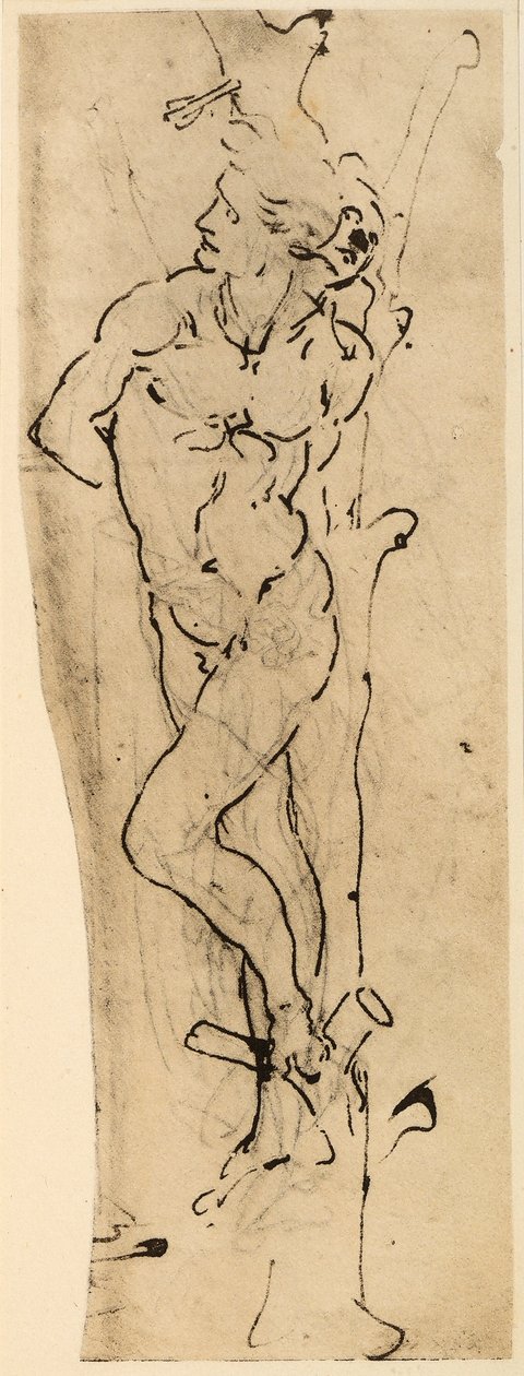 St. Sebastian; hopeakärkipiirros valkoiselle paperille Leonardo da Vinci. Taidehalli, Printtien ja piirustusten huone, Hampuri. tekijältä Leonardo da Vinci