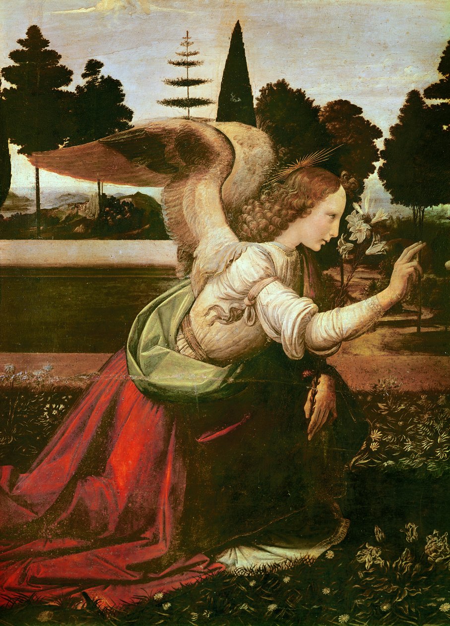 Enkelin ilmestyspäivän yksityiskohta, n. 1472-1475 öljy puulle tekijältä Leonardo da Vinci