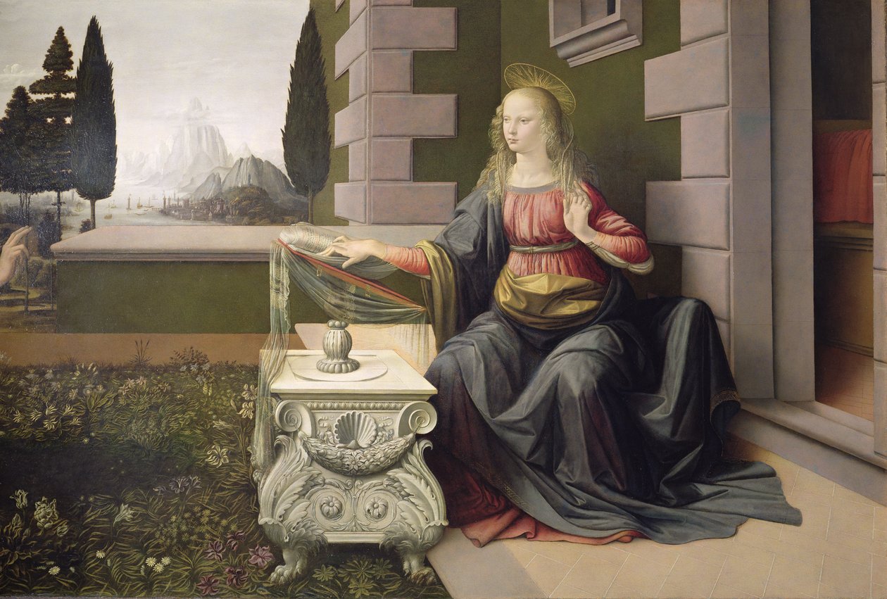 Neitsyt Maria, julistuksesta, 1472-75 (yksityiskohta) (palautuksen jälkeinen) tekijältä Leonardo da Vinci