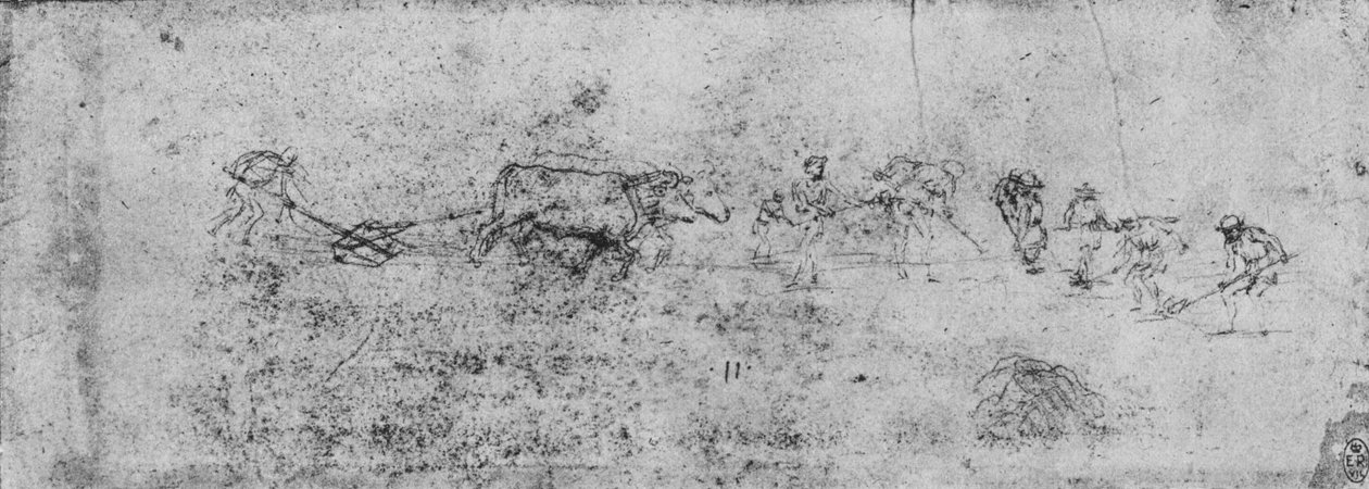 Miehet kyntävät ja kaivavat, c1480 1945 tekijältä Leonardo da Vinci
