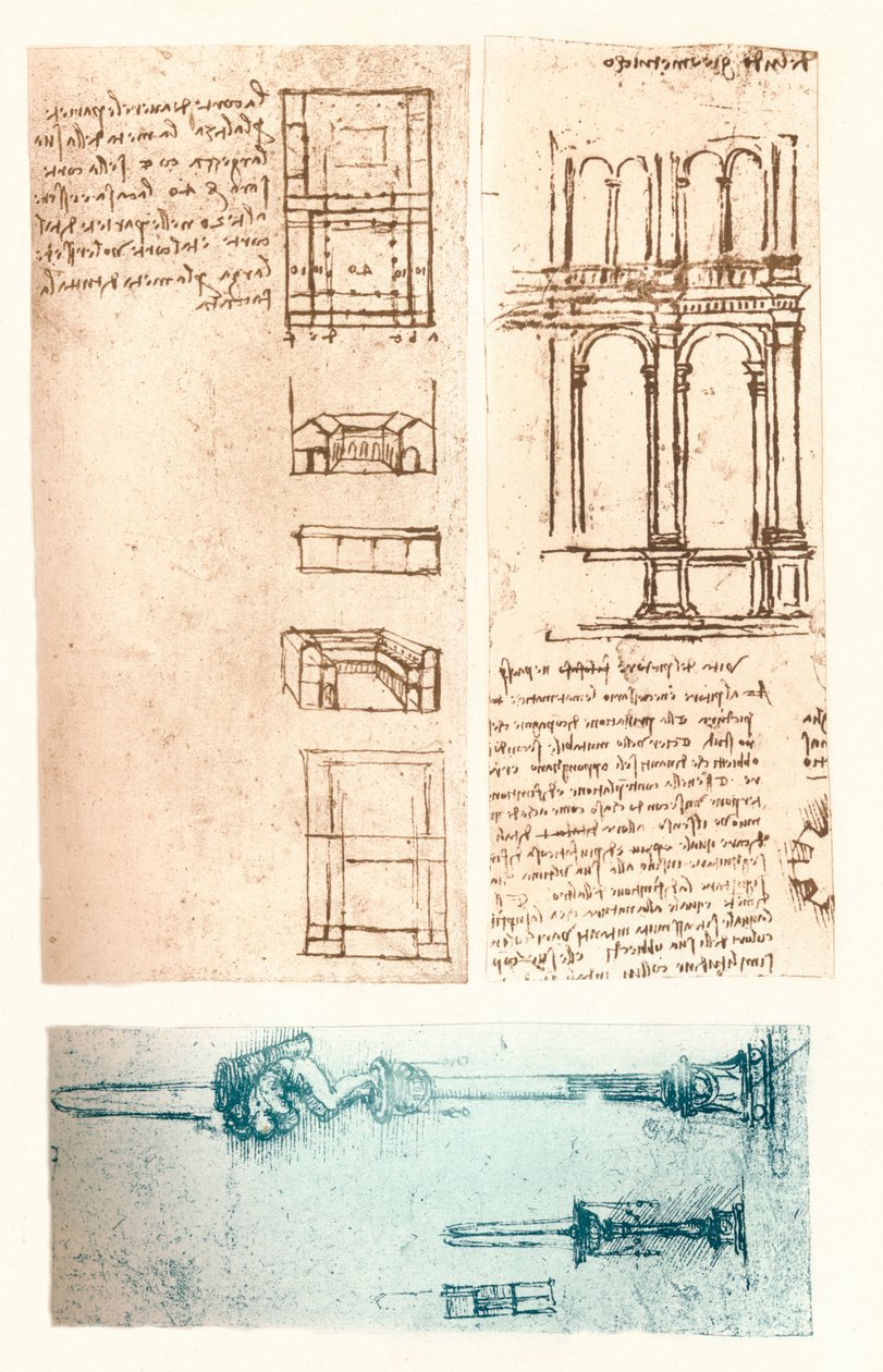 Kolme arkkitehtonista piirustusta, c1472-c1519 1883 tekijältä Leonardo da Vinci