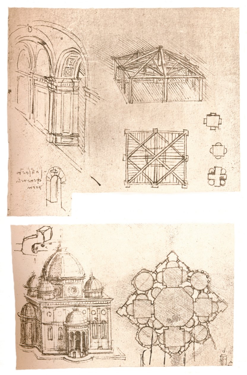 Kaksi arkkitehtonista piirustusta, c1472-c1519 1883 tekijältä Leonardo da Vinci