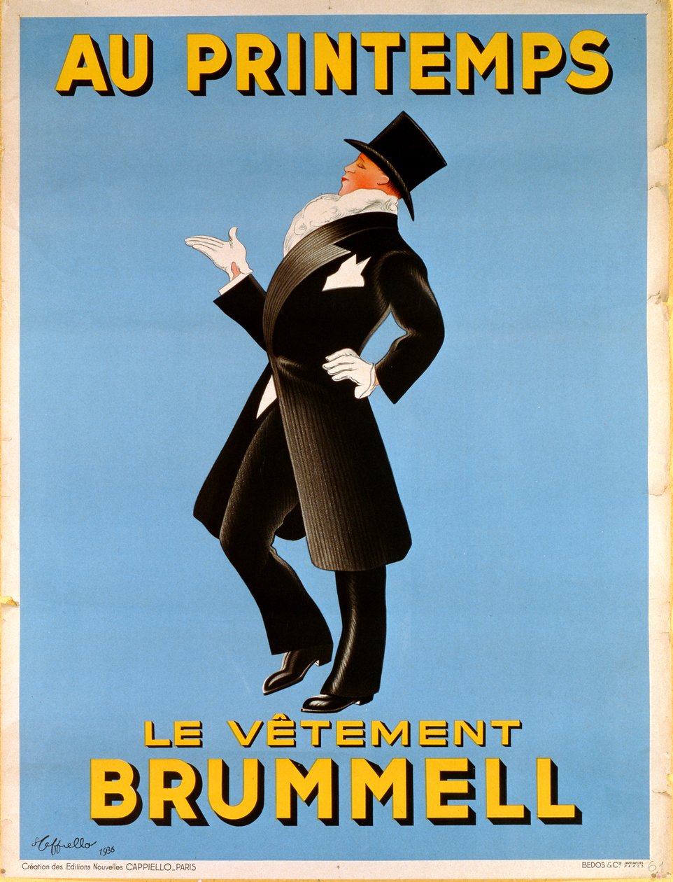 Miesten Brummel-vaatteita mainostava juliste Printemps-tavaratalossa, 1936 tekijältä Leonetto Cappiello