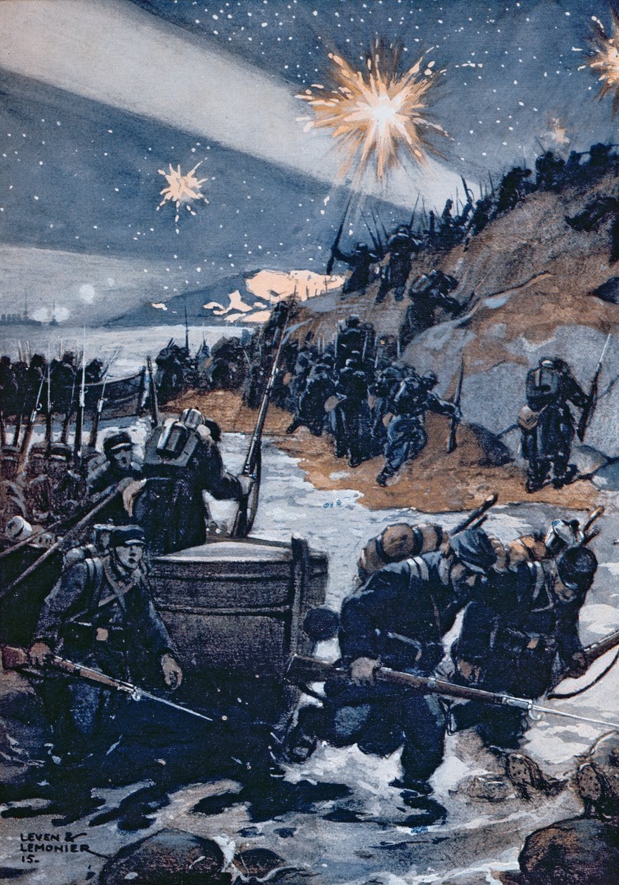 Night Landing Dardanelles, kuvitus Les Pays de Francesta, 1915 tekijältä Leven and Lemonier