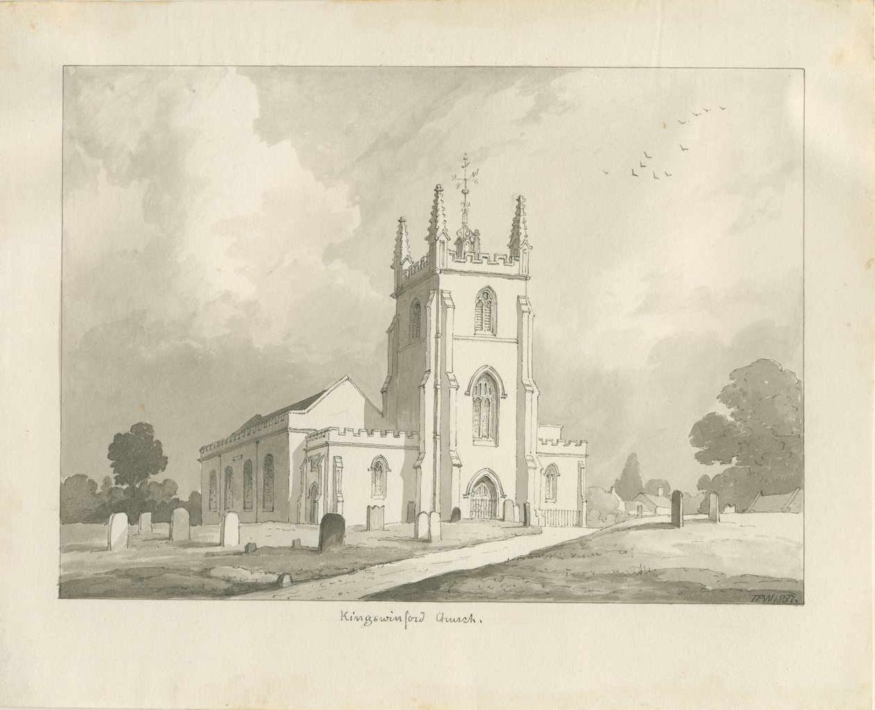 Kingswinfordin kirkko: seepiapiirros, 1837 tekijältä Lewis John Wood