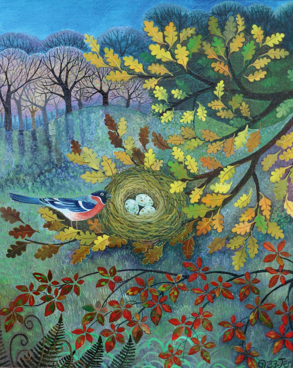 Bullfinch, 2022 (akryylit pellavalle) tekijältä Lisa Graa Jensen