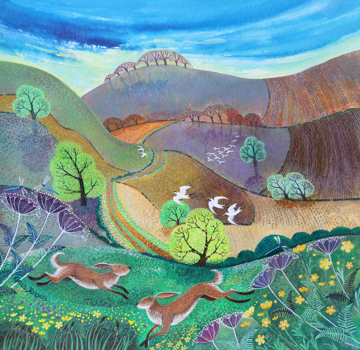 Downland Hares, 2017, (akryylit paperille) tekijältä Lisa Graa Jensen
