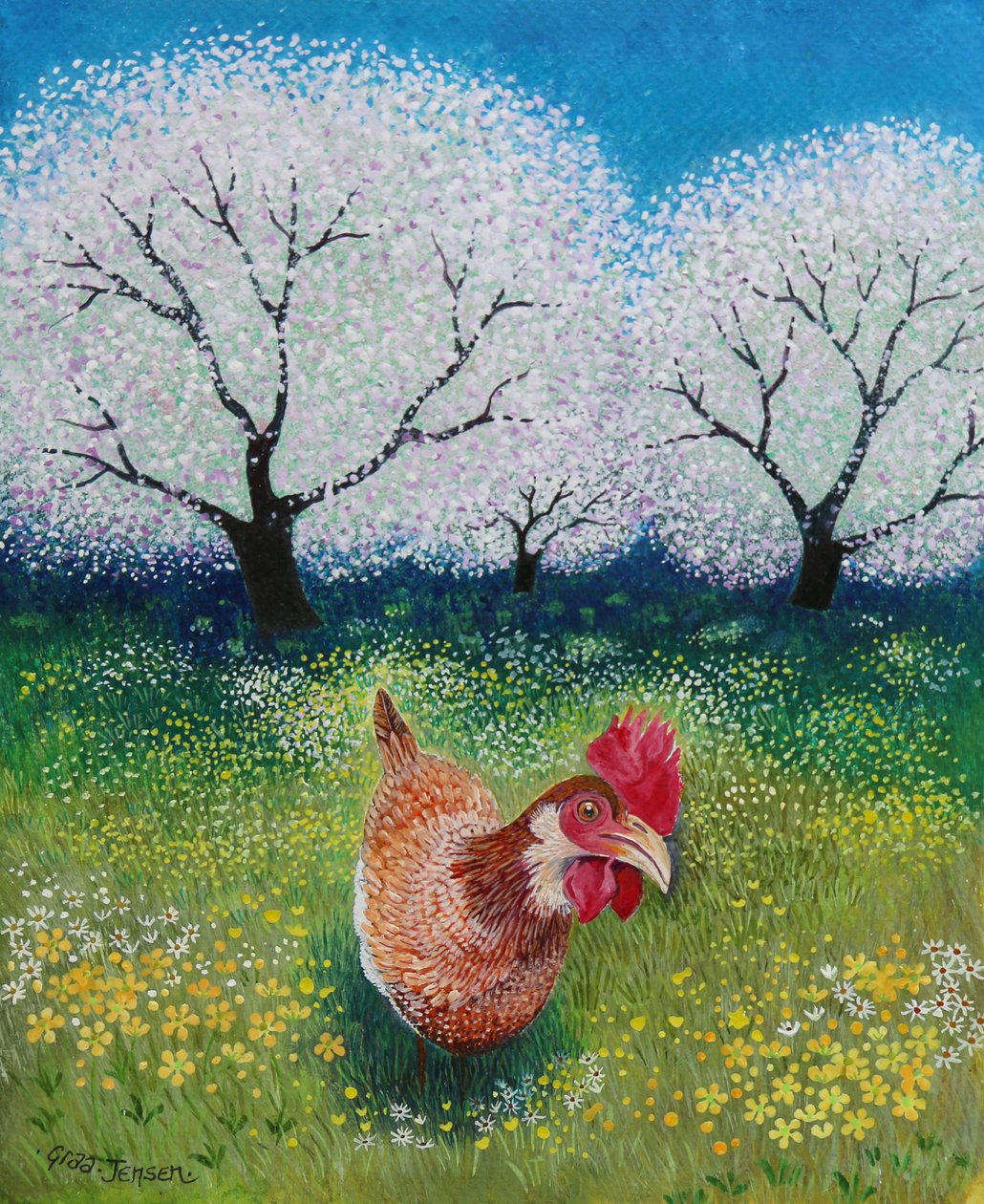 Orchard Hen, 2021, (akryylit paperille) tekijältä Lisa Graa Jensen