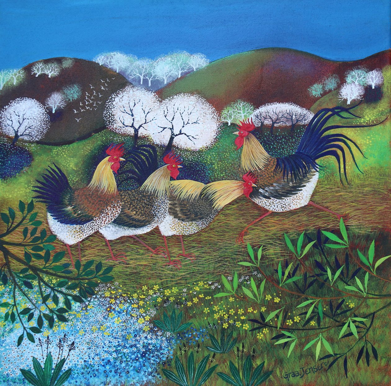 Rollicking Roosters, 2024 (akryyli pellavalle) tekijältä Lisa Graa Jensen