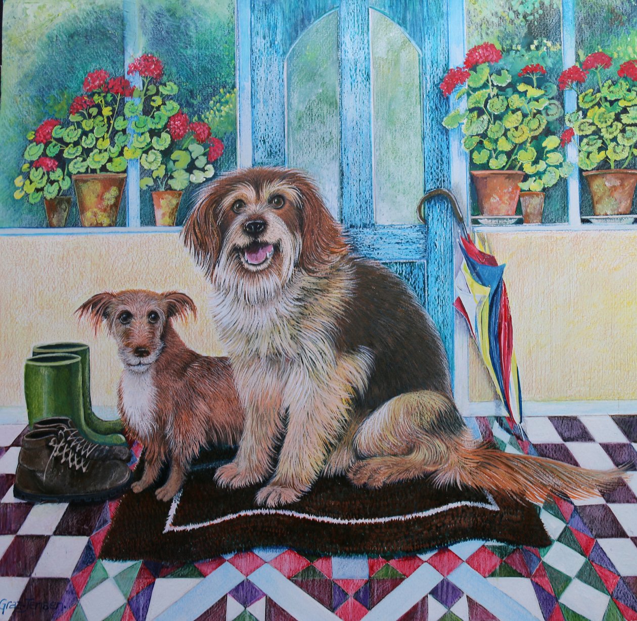 Time for Walkies, 2021, (akryylit paperille) tekijältä Lisa Graa Jensen