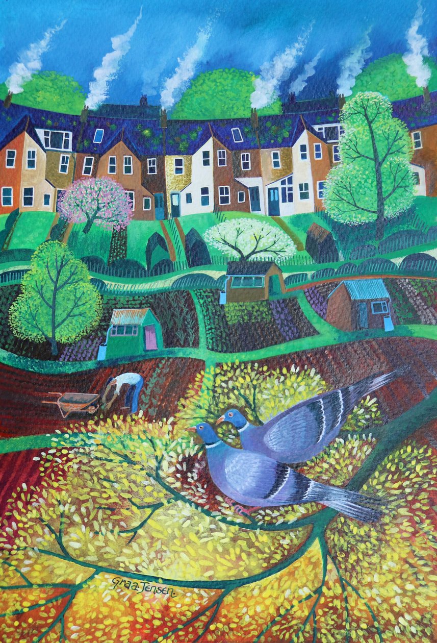 Wimbledon Park Doves,2017,(akryylivärit paperille) tekijältä Lisa Graa Jensen
