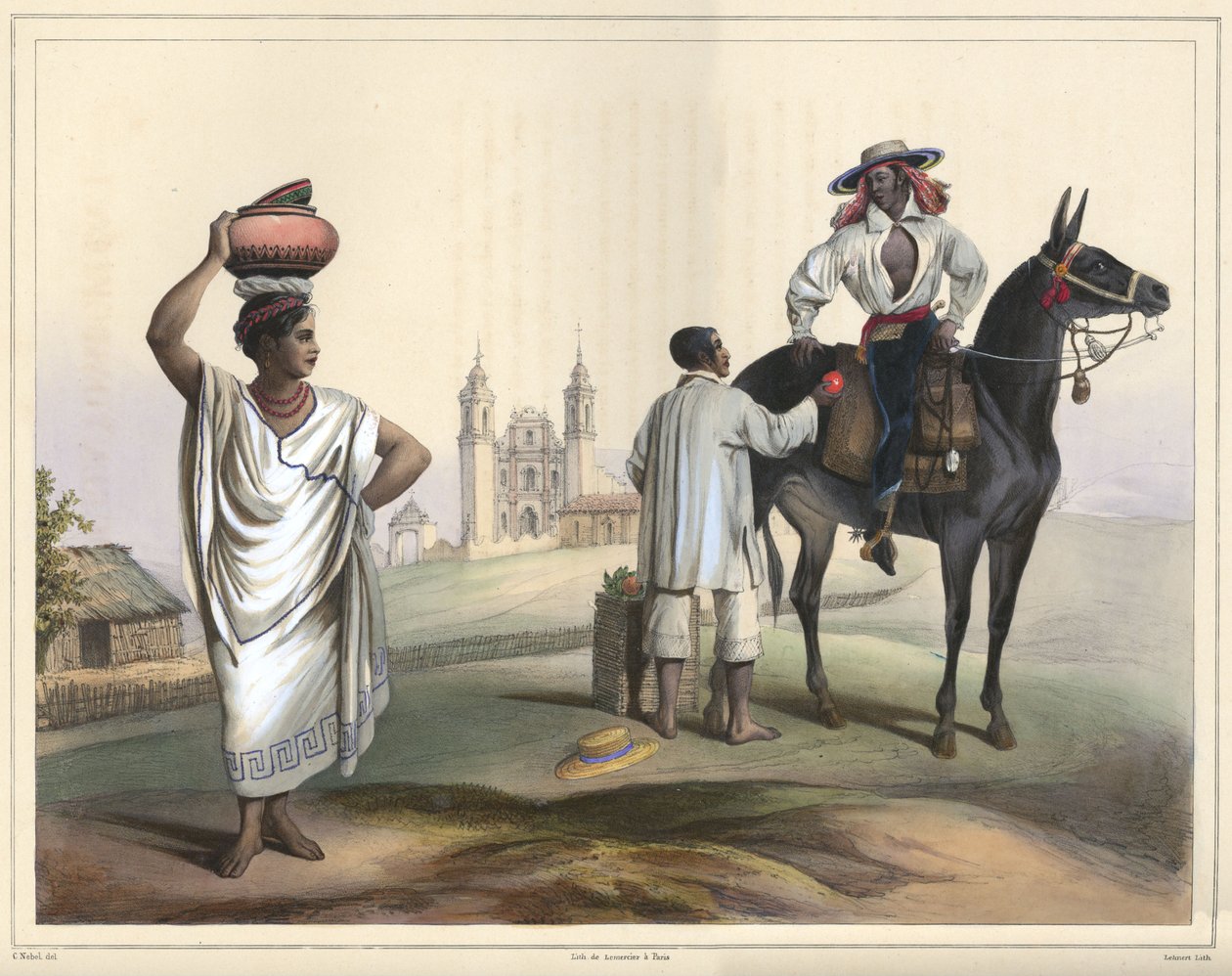 Gente de Tierra Caliente entre Papantla ja Misantla. Pukuryhmä. Käsin värillinen litografia korostettuna arabikumilla. Alkuperäinen koko (siistit viivat) tekijältä Lithograph by Pierre Frédéric Lehnert