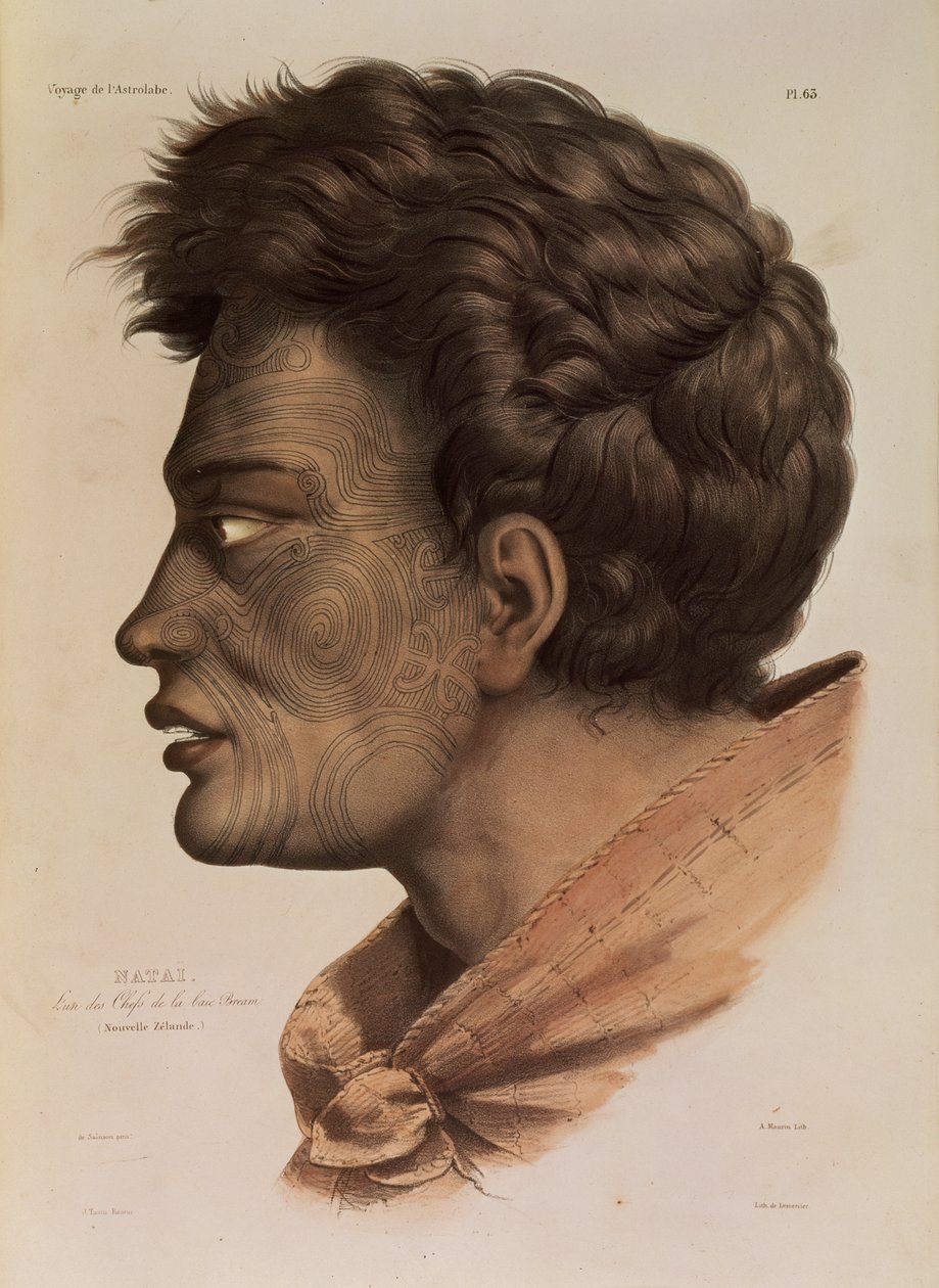 Natai, maoripäällikkö Bream Baystä, Uudesta-Seelannista, levy 63 teoksesta "Voyage of the Astrolabe", kaivertanut Victor Adam, 1833 tekijältä Louis Auguste de Sainson