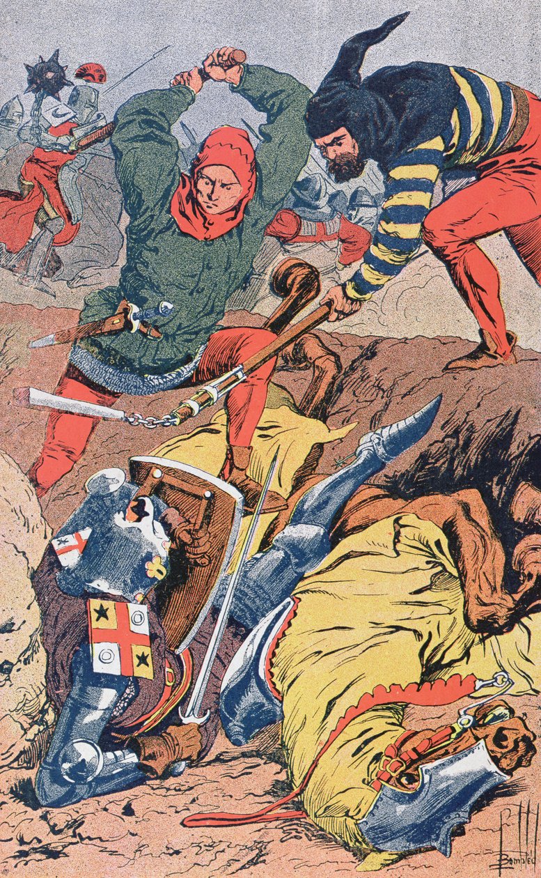 Flanderin kansalaiset, jotka taistelevat jalkaisin, kukistavat hyvin panssaroidut ja ratsastetut ranskalaiset ritarit Golden Spursin taistelussa lähellä Courtraita vuonna 1302, noin 1900 tekijältä Louis Charles Bombled