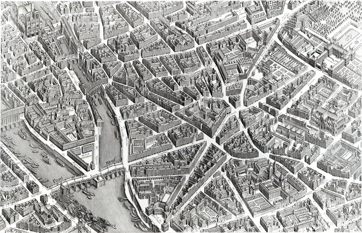 Pariisin suunnitelma, joka tunnetaan nimellä "Plan de Turgot", kaivertanut Claude Lucas, 1734-39 (yksityiskohta) tekijältä Louis Bretez