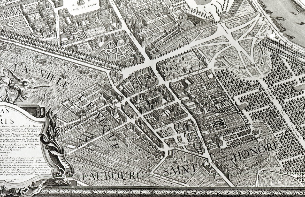Pariisin suunnitelma, joka tunnetaan nimellä "Plan de Turgot", kaivertanut Claude Lucas, 1734-39 (yksityiskohta) tekijältä Louis Bretez